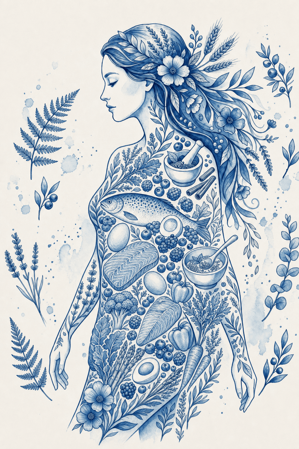 Soft watercolor wellness art with fish, eggs, and berries