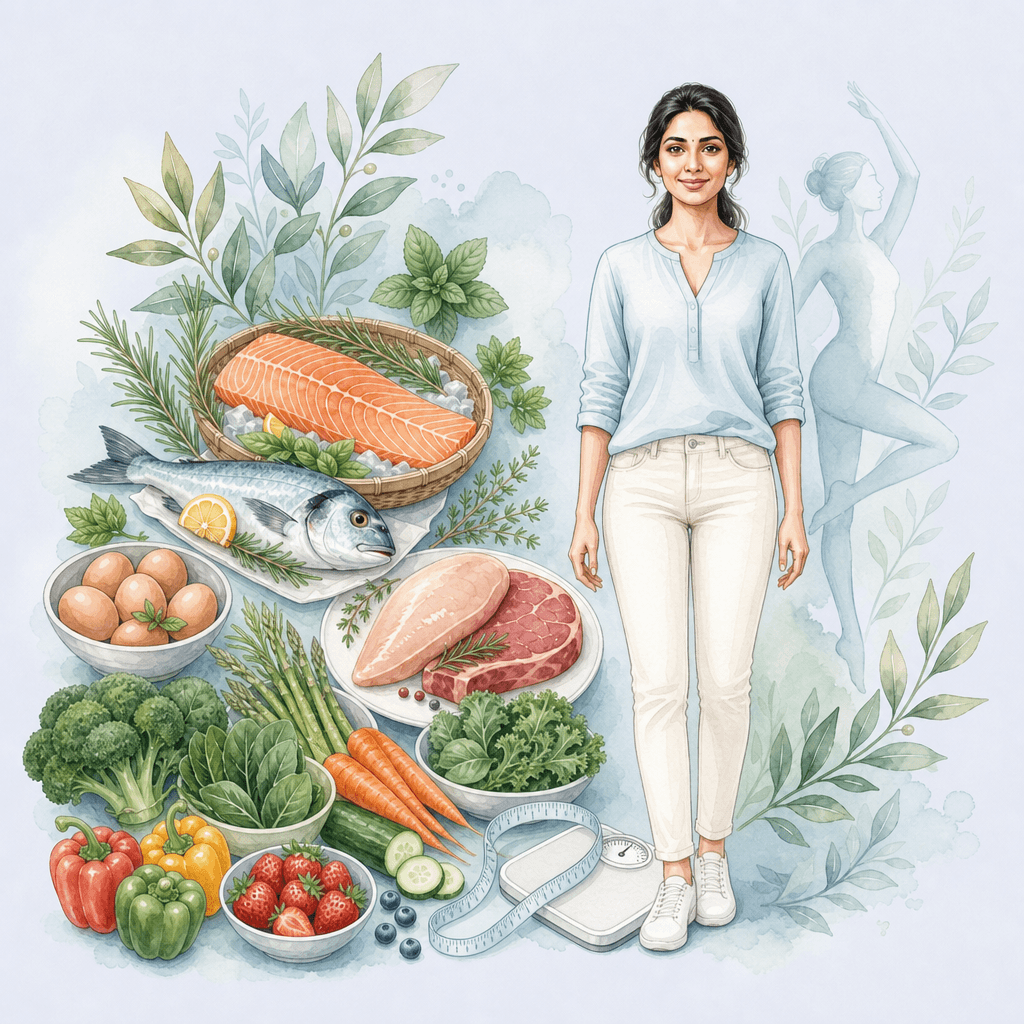 Wellness illustration with protein foods and vegetables